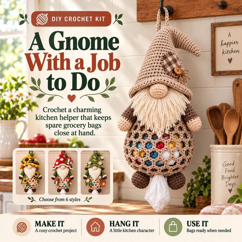 ⏳ Last Day 49% OFF – 🧶 Beginner-Friendly Gnome Crochet Bag Holder DIY Kit | 6 Charming Designs with Yarn, Tools & Guide Included 🍄