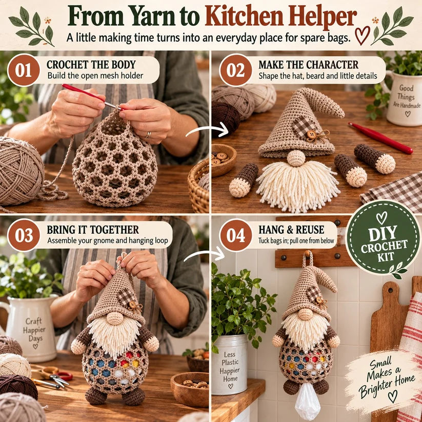 ⏳ Last Day 49% OFF – 🧶 Beginner-Friendly Gnome Crochet Bag Holder DIY Kit | 6 Charming Designs with Yarn, Tools & Guide Included 🍄