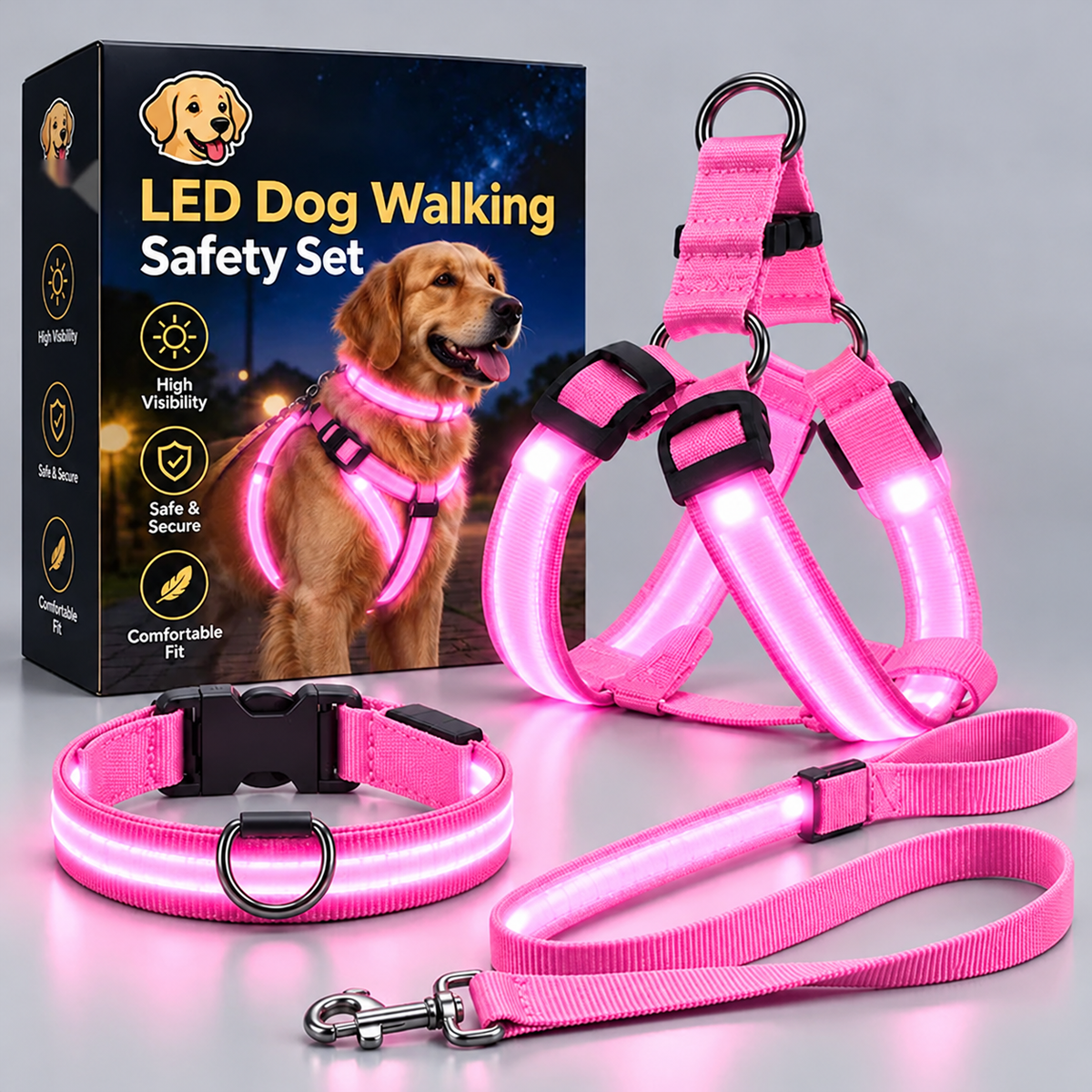 🐾 LED Light-Up Dog Harness & Leash Set – High-Visibility Gear for Night Walks 🌙