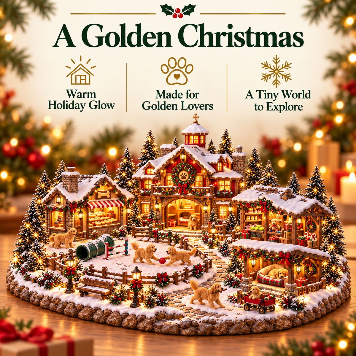 🔥🐕Christmas Golden Retriever Village – Lighted Dog Lover’s Holiday Scene🐶