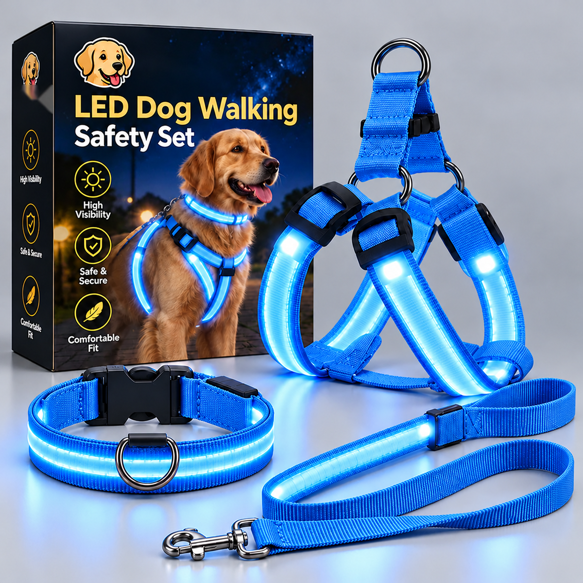 🐾 LED Light-Up Dog Harness & Leash Set – High-Visibility Gear for Night Walks 🌙