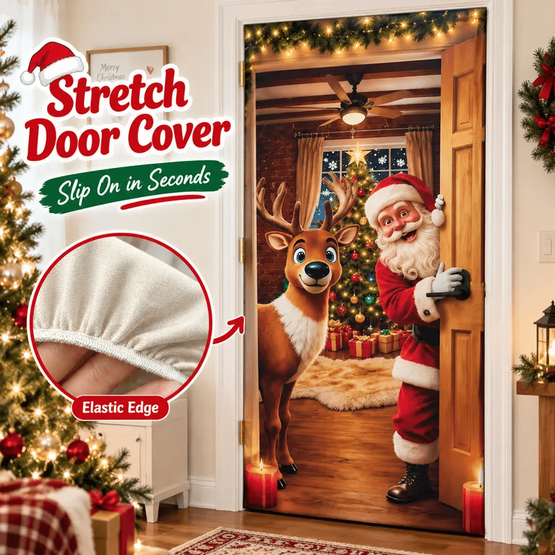 Christmas Door Cover - Stretch Fit Santa & Reindeer Door Decoration
