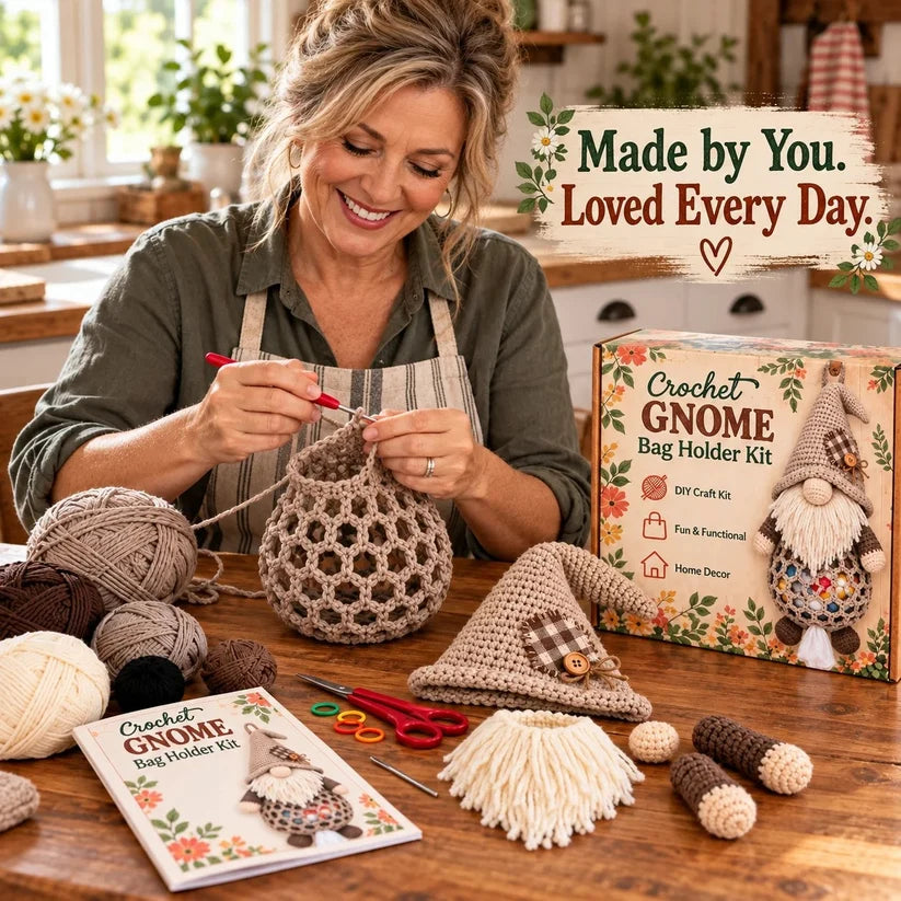 ⏳ Last Day 49% OFF – 🧶 Beginner-Friendly Gnome Crochet Bag Holder DIY Kit | 6 Charming Designs with Yarn, Tools & Guide Included 🍄