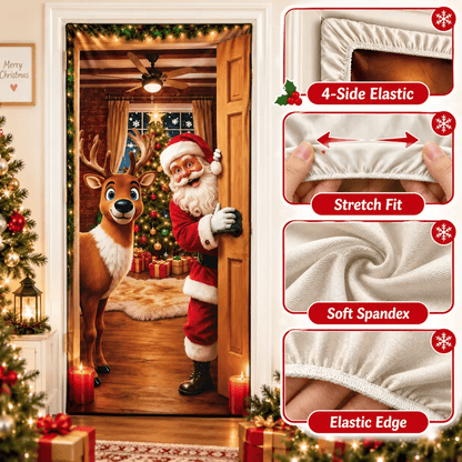 Christmas Door Cover - Stretch Fit Santa & Reindeer Door Decoration