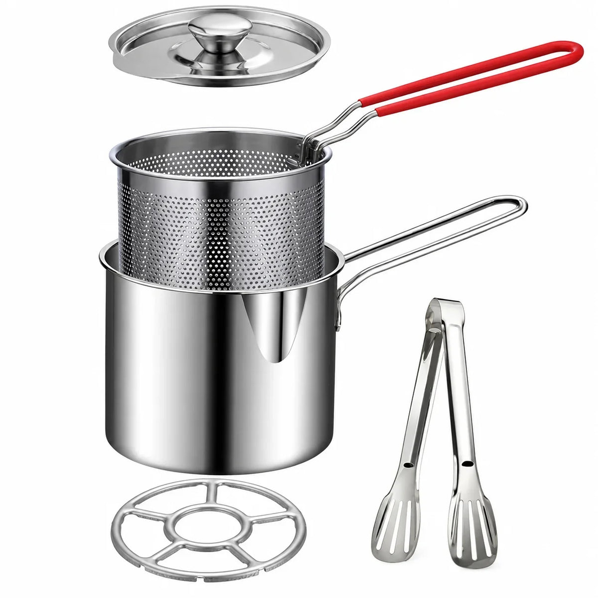 🍟 Personal Mini Deep Fryer Set – Stainless Steel Pot with Lift-Out Draining Basket & Food Tongs