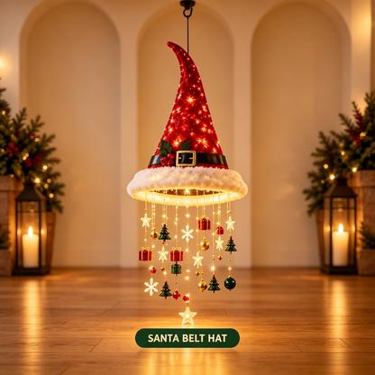 🎄 Lighted Christmas Hanging Chandelier – Tree & Santa Hat Holiday Decor