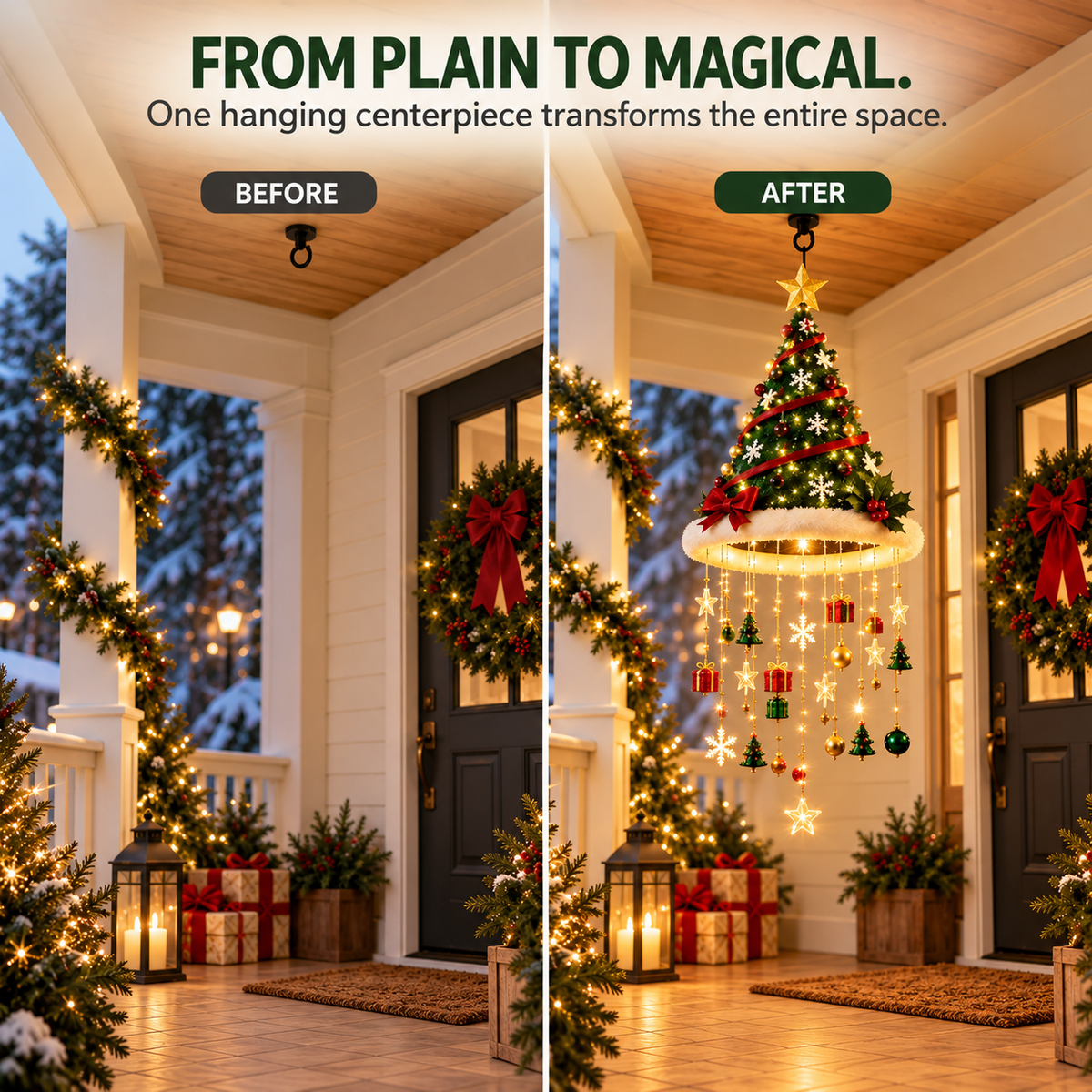 🎄 Lighted Christmas Hanging Chandelier – Tree & Santa Hat Holiday Decor