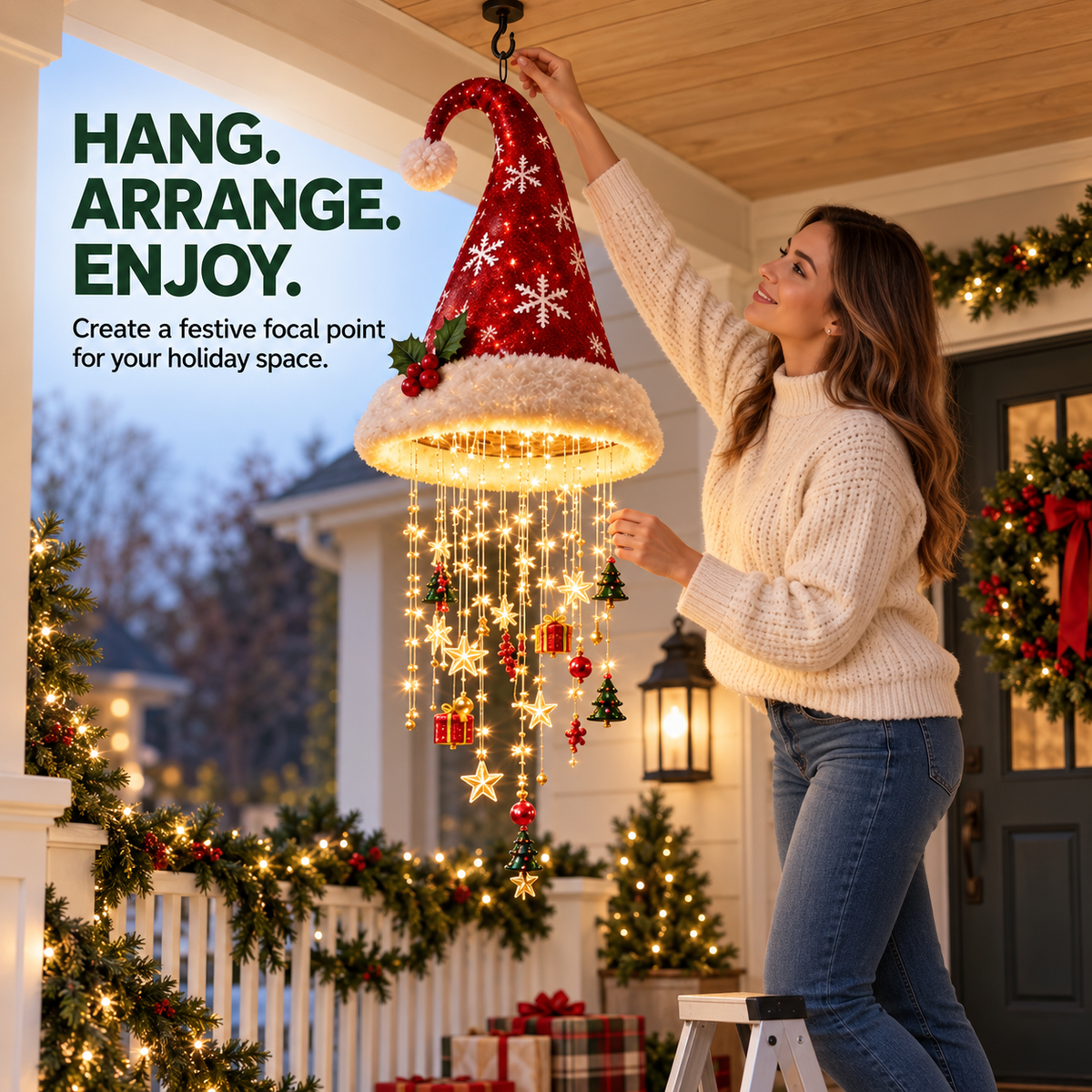 🎄 Lighted Christmas Hanging Chandelier – Tree & Santa Hat Holiday Decor