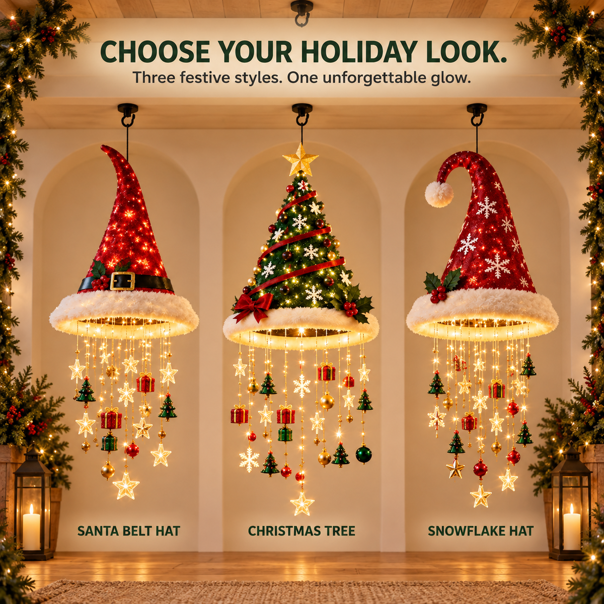🎄 Lighted Christmas Hanging Chandelier – Tree & Santa Hat Holiday Decor