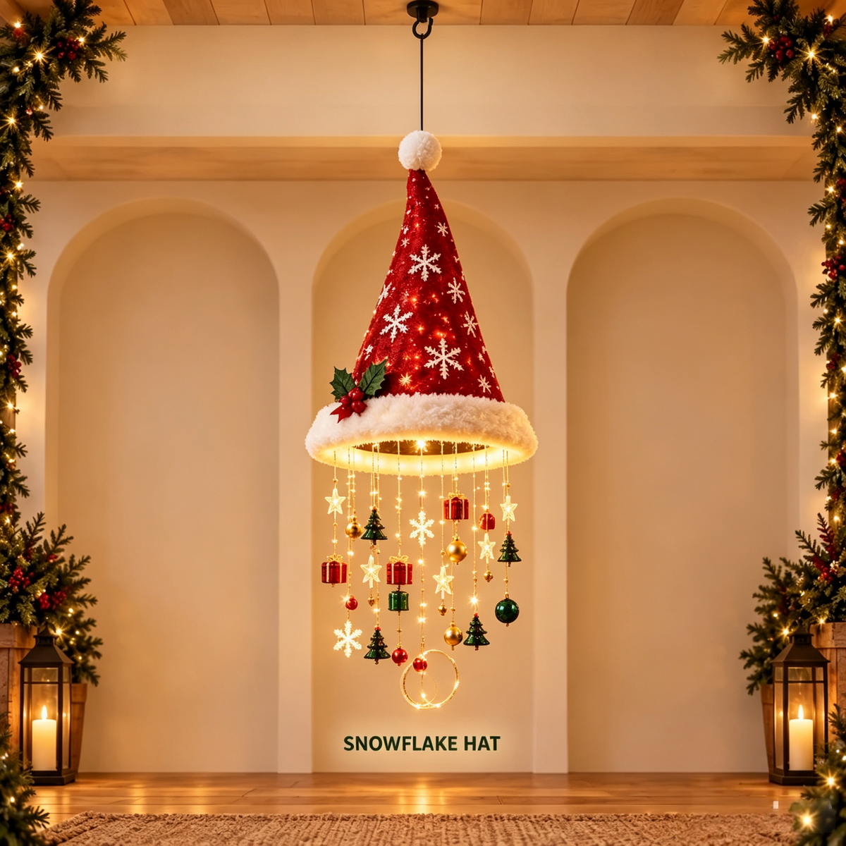 🎄 Lighted Christmas Hanging Chandelier – Tree & Santa Hat Holiday Decor